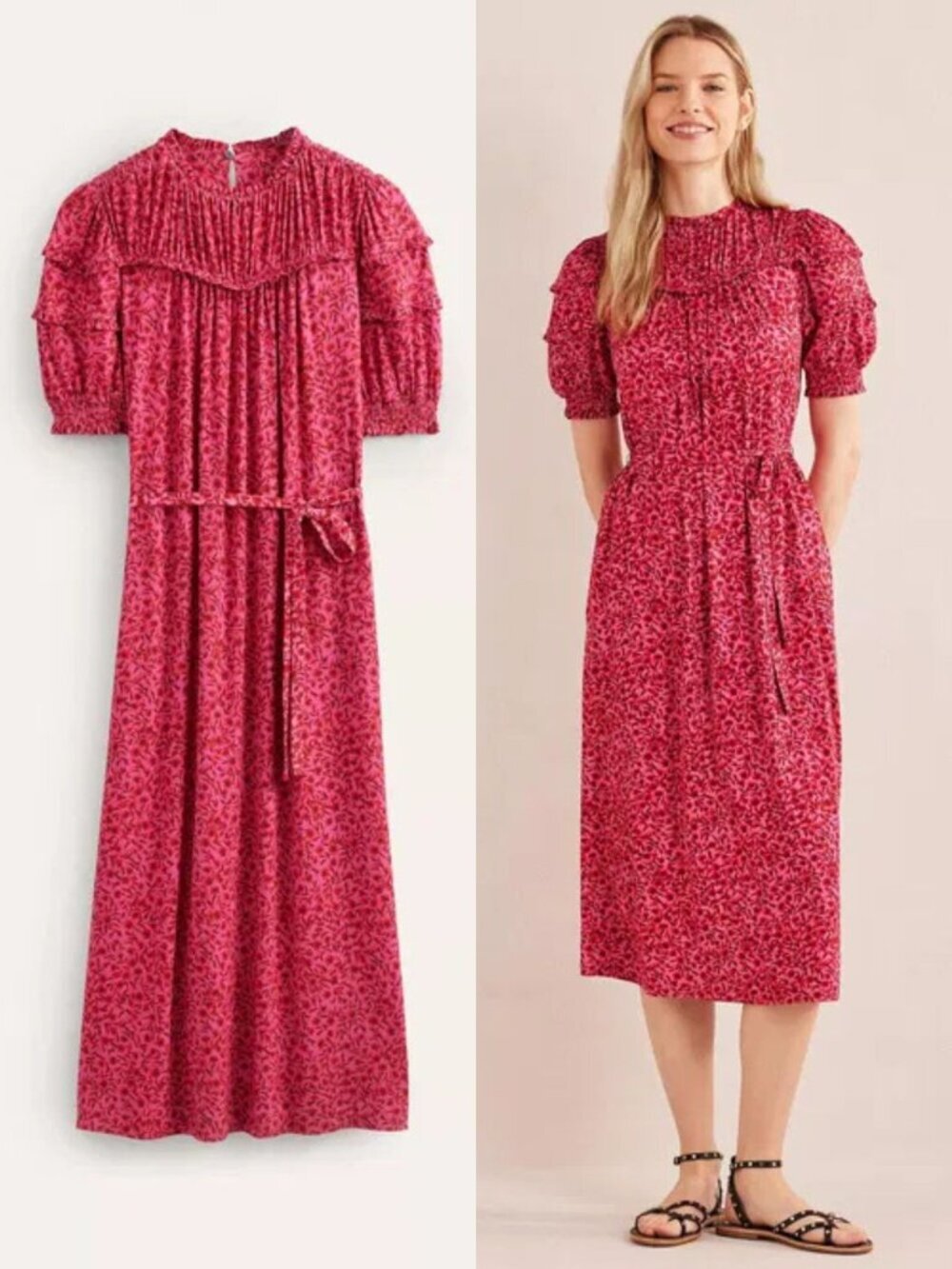 Boden pink floral ruched Yoke Detail Jersey Midi Dress Size 10R 36413